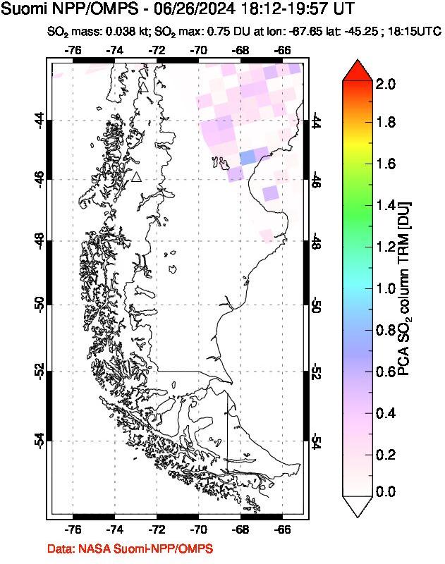 A sulfur dioxide image over Southern Chile on Jun 26, 2024.