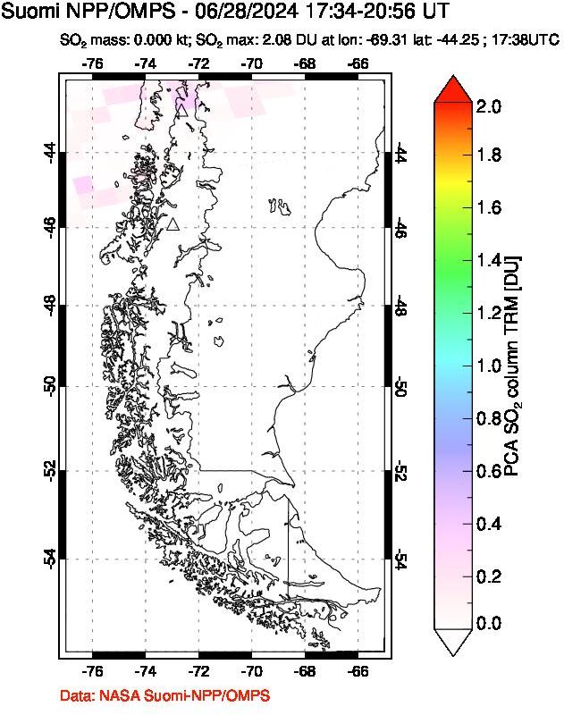 A sulfur dioxide image over Southern Chile on Jun 28, 2024.