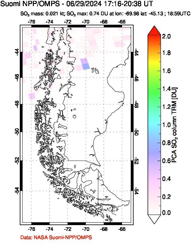 A sulfur dioxide image over Southern Chile on Jun 29, 2024.