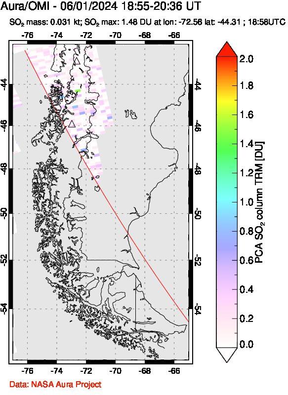 A sulfur dioxide image over Southern Chile on Jun 01, 2024.