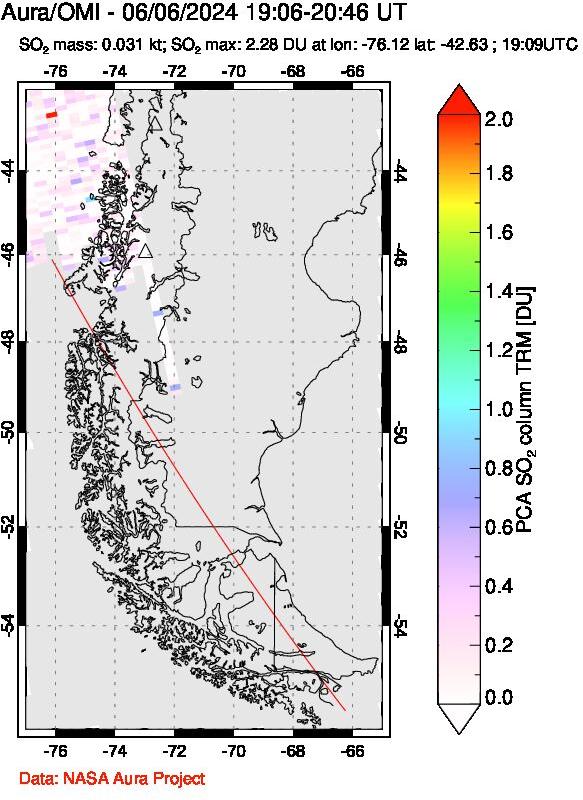 A sulfur dioxide image over Southern Chile on Jun 06, 2024.