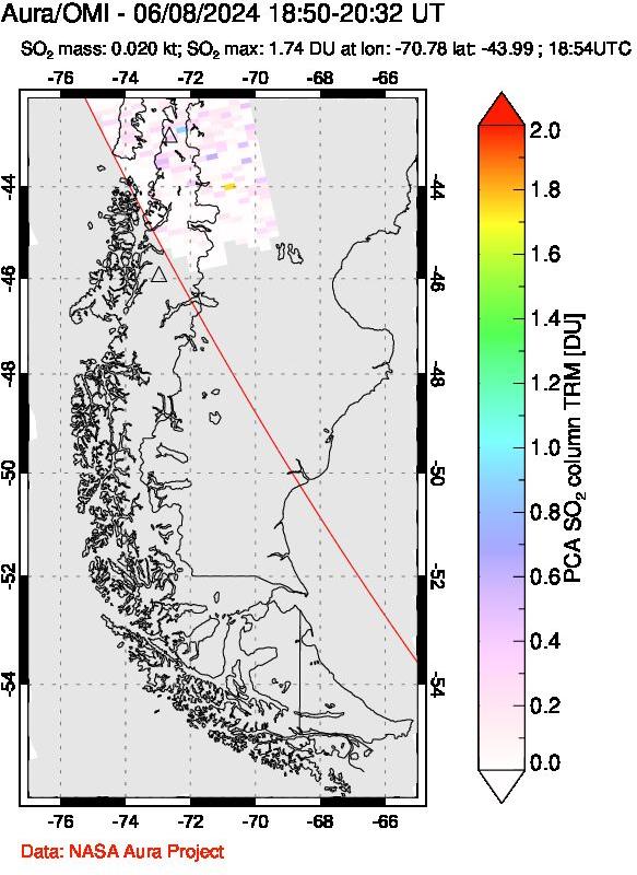 A sulfur dioxide image over Southern Chile on Jun 08, 2024.