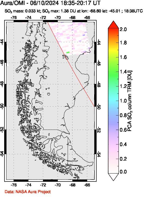 A sulfur dioxide image over Southern Chile on Jun 10, 2024.