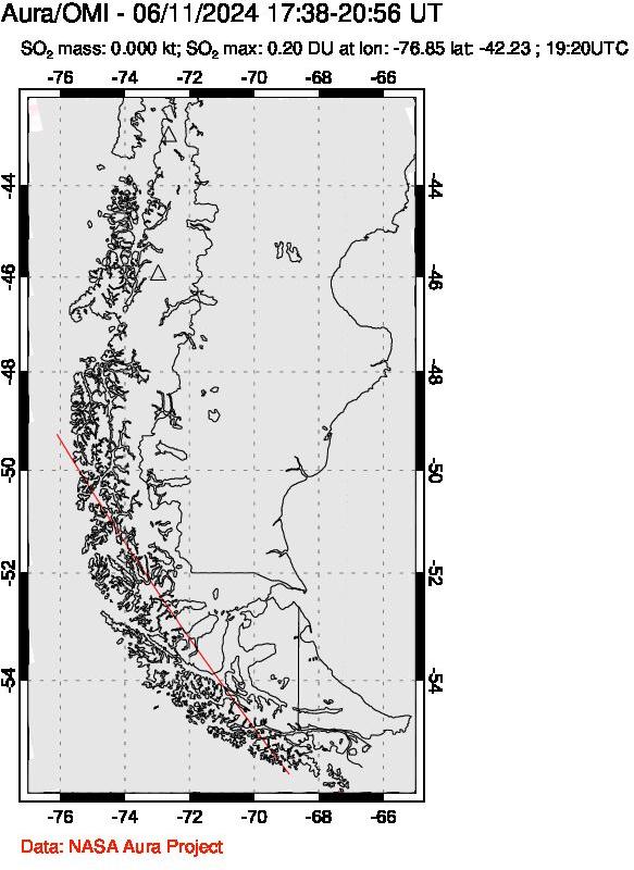 A sulfur dioxide image over Southern Chile on Jun 11, 2024.