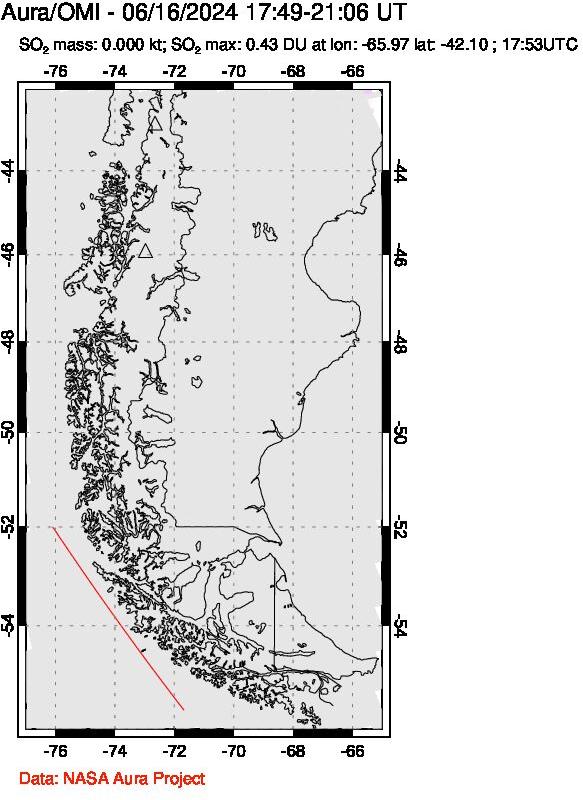 A sulfur dioxide image over Southern Chile on Jun 16, 2024.