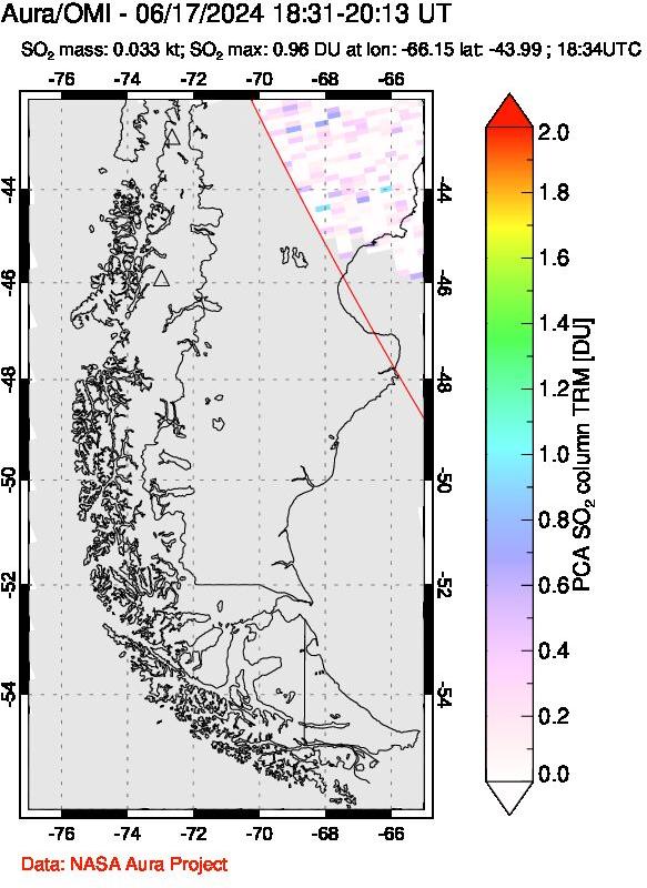 A sulfur dioxide image over Southern Chile on Jun 17, 2024.