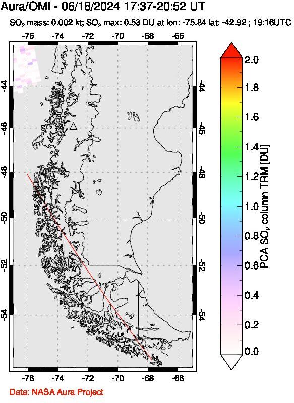 A sulfur dioxide image over Southern Chile on Jun 18, 2024.