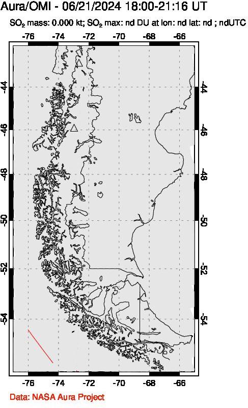 A sulfur dioxide image over Southern Chile on Jun 21, 2024.