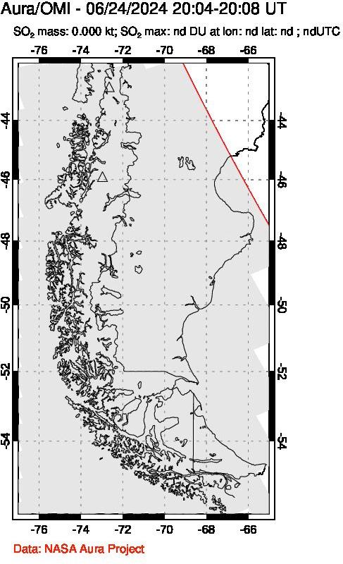 A sulfur dioxide image over Southern Chile on Jun 24, 2024.