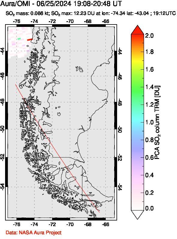 A sulfur dioxide image over Southern Chile on Jun 25, 2024.