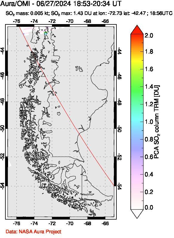 A sulfur dioxide image over Southern Chile on Jun 27, 2024.