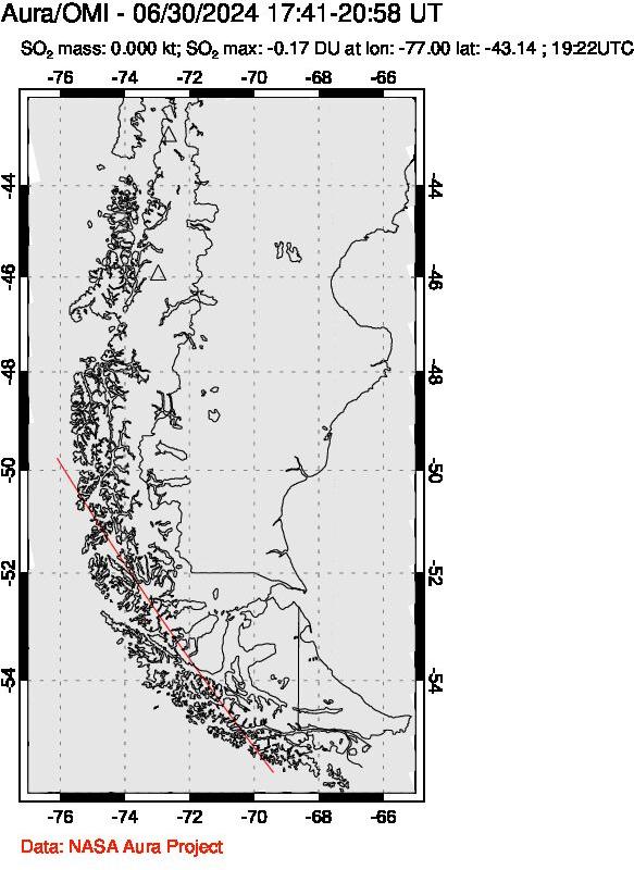 A sulfur dioxide image over Southern Chile on Jun 30, 2024.