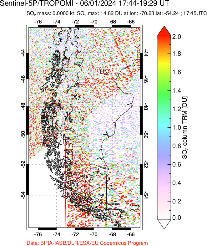 A sulfur dioxide image over Southern Chile on Jun 01, 2024.