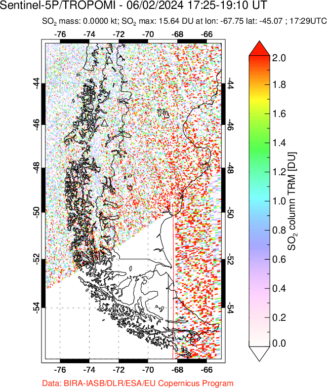 A sulfur dioxide image over Southern Chile on Jun 02, 2024.