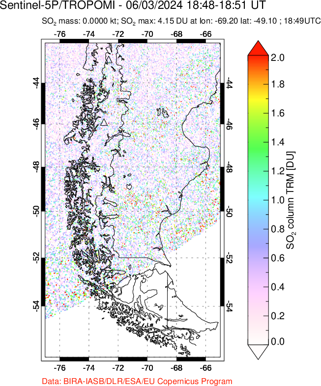 A sulfur dioxide image over Southern Chile on Jun 03, 2024.