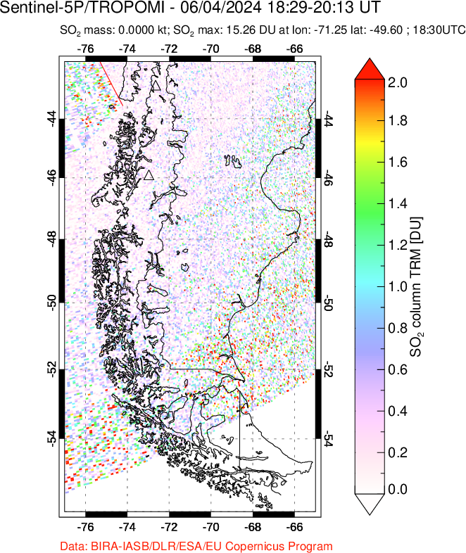 A sulfur dioxide image over Southern Chile on Jun 04, 2024.