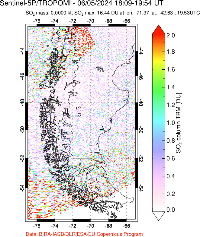 A sulfur dioxide image over Southern Chile on Jun 05, 2024.