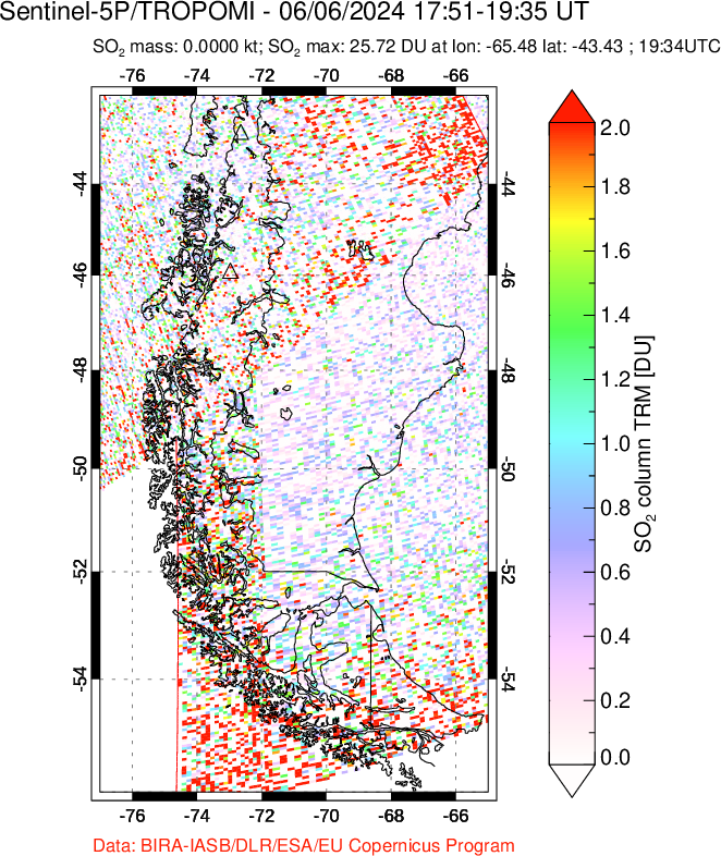 A sulfur dioxide image over Southern Chile on Jun 06, 2024.