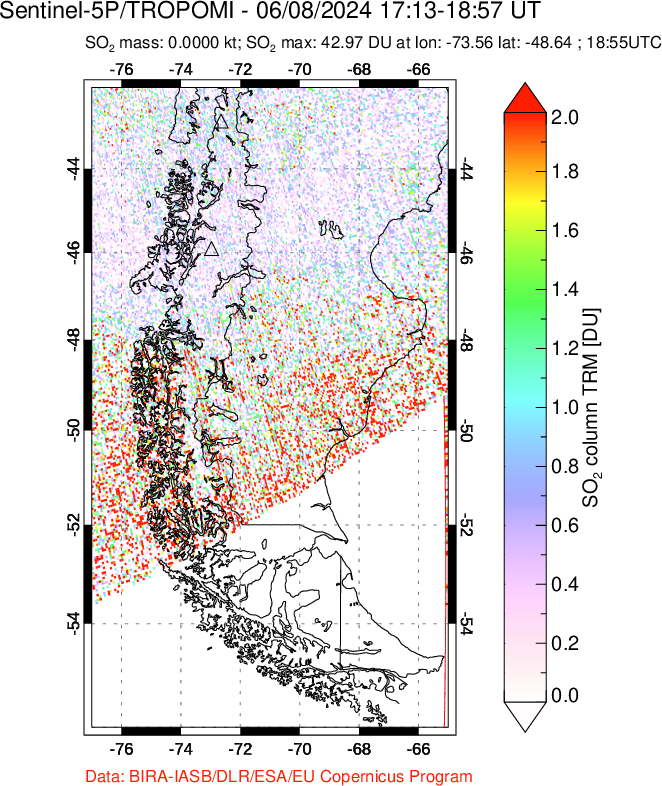 A sulfur dioxide image over Southern Chile on Jun 08, 2024.