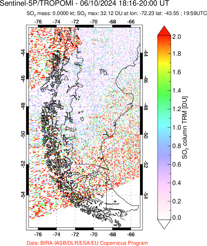 A sulfur dioxide image over Southern Chile on Jun 10, 2024.