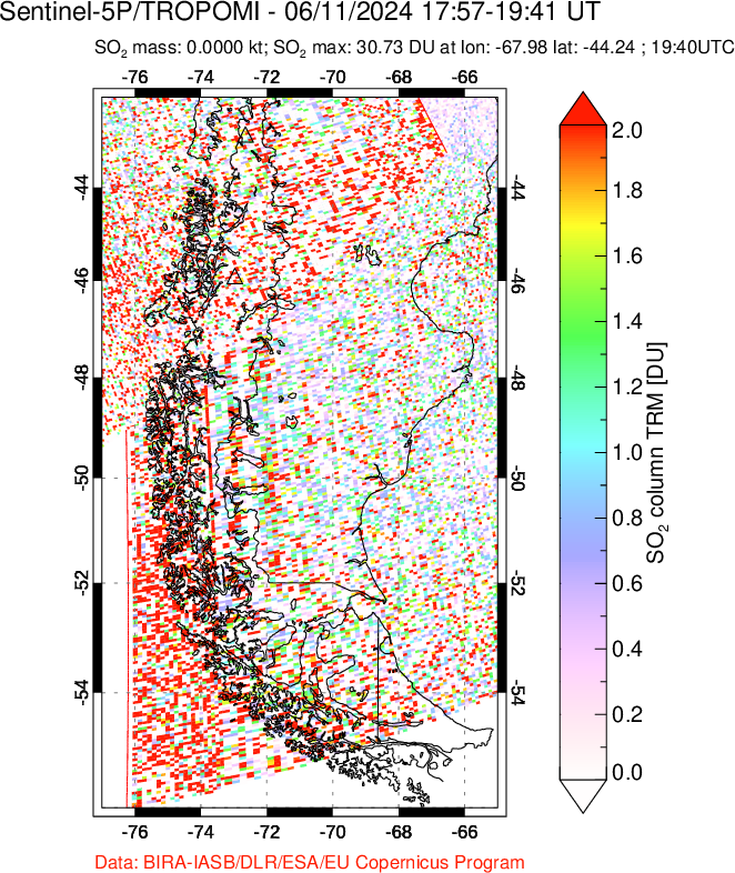 A sulfur dioxide image over Southern Chile on Jun 11, 2024.