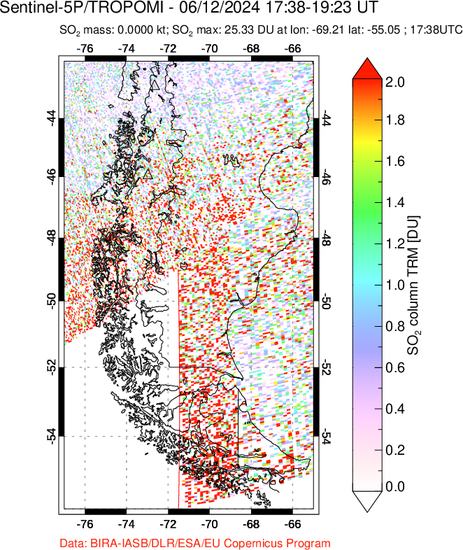 A sulfur dioxide image over Southern Chile on Jun 12, 2024.