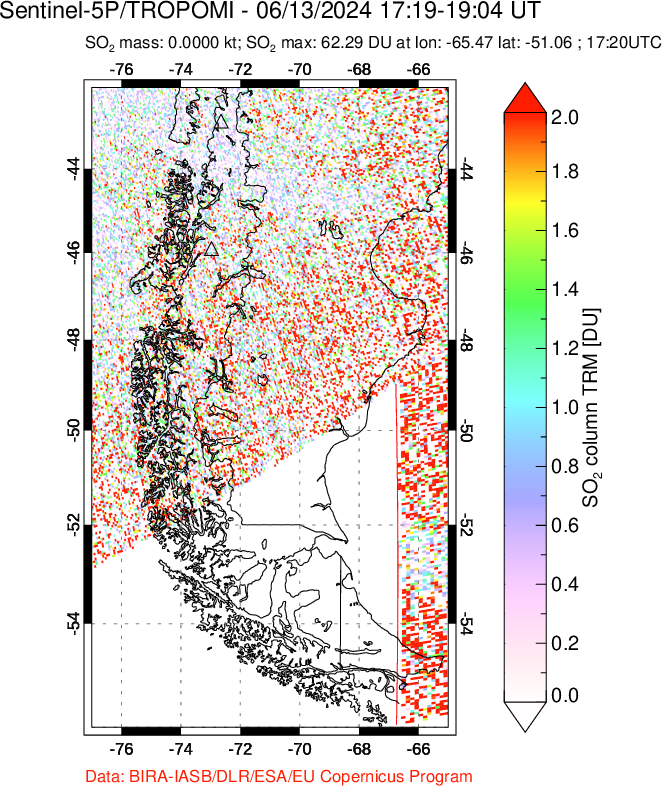 A sulfur dioxide image over Southern Chile on Jun 13, 2024.