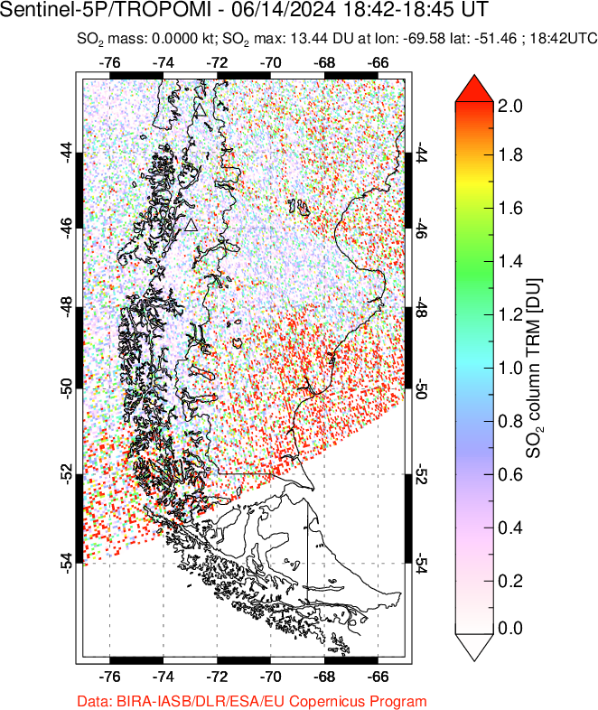 A sulfur dioxide image over Southern Chile on Jun 14, 2024.