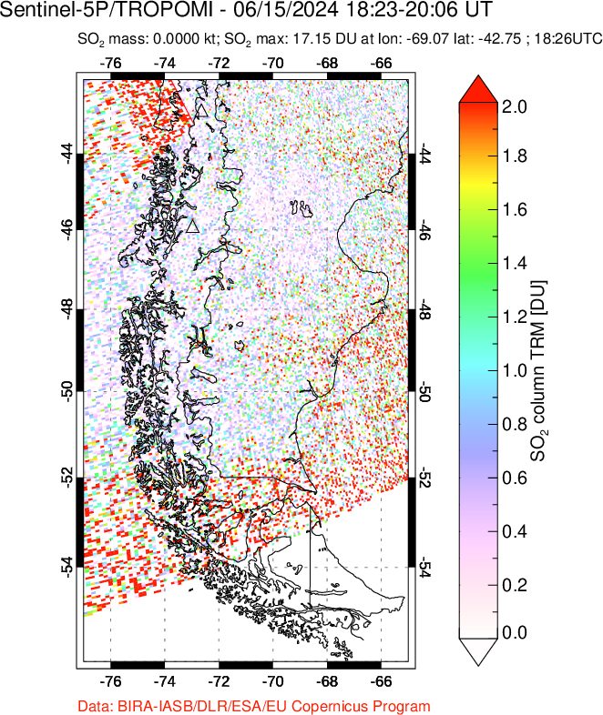 A sulfur dioxide image over Southern Chile on Jun 15, 2024.