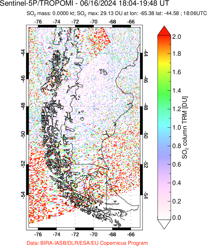 A sulfur dioxide image over Southern Chile on Jun 16, 2024.