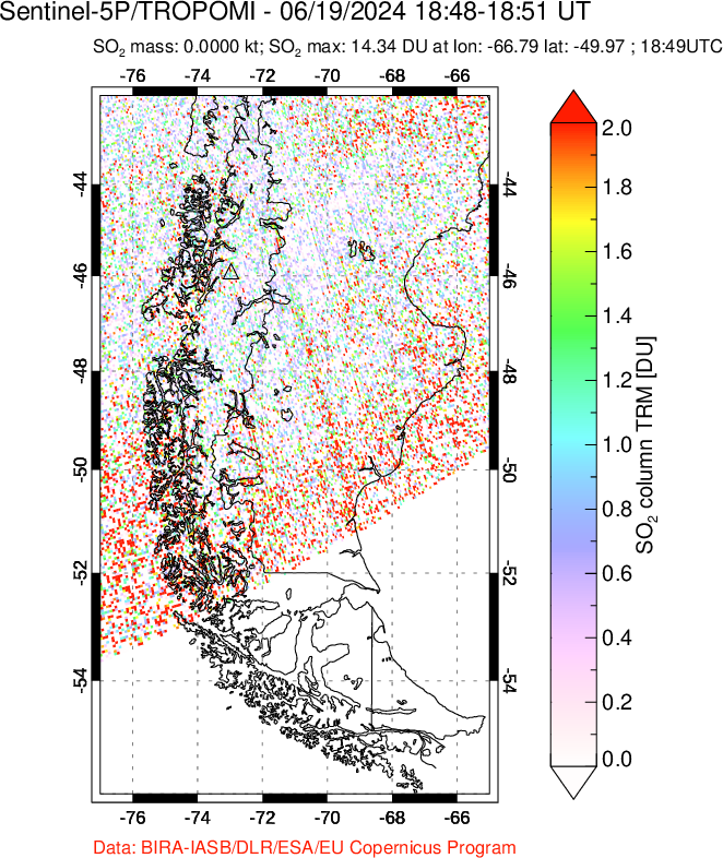 A sulfur dioxide image over Southern Chile on Jun 19, 2024.