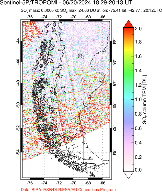 A sulfur dioxide image over Southern Chile on Jun 20, 2024.