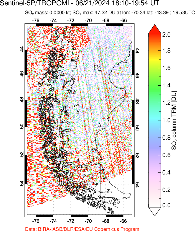 A sulfur dioxide image over Southern Chile on Jun 21, 2024.