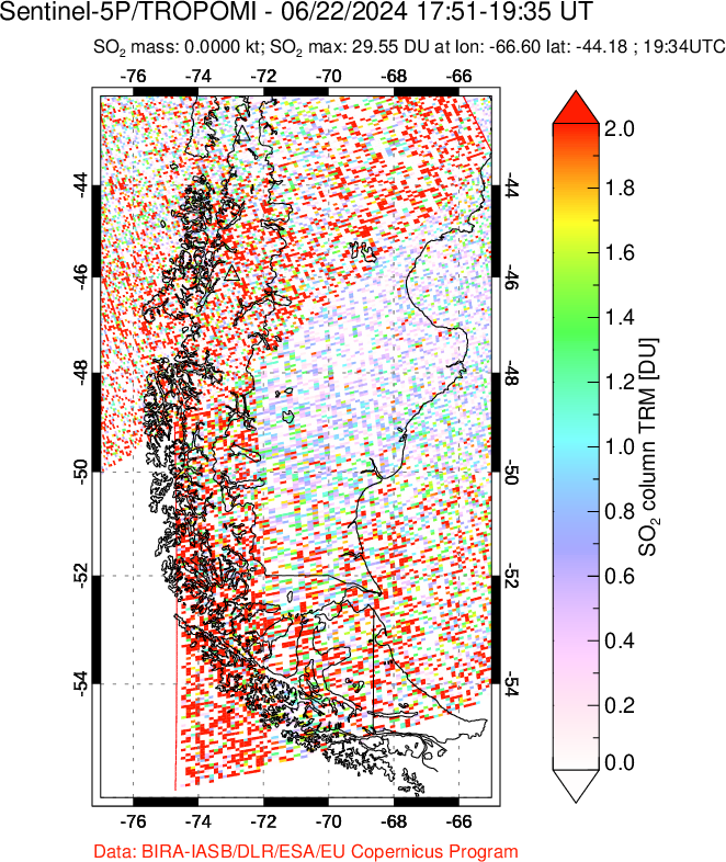 A sulfur dioxide image over Southern Chile on Jun 22, 2024.