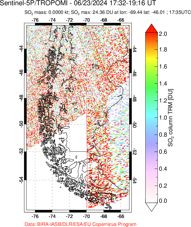 A sulfur dioxide image over Southern Chile on Jun 23, 2024.