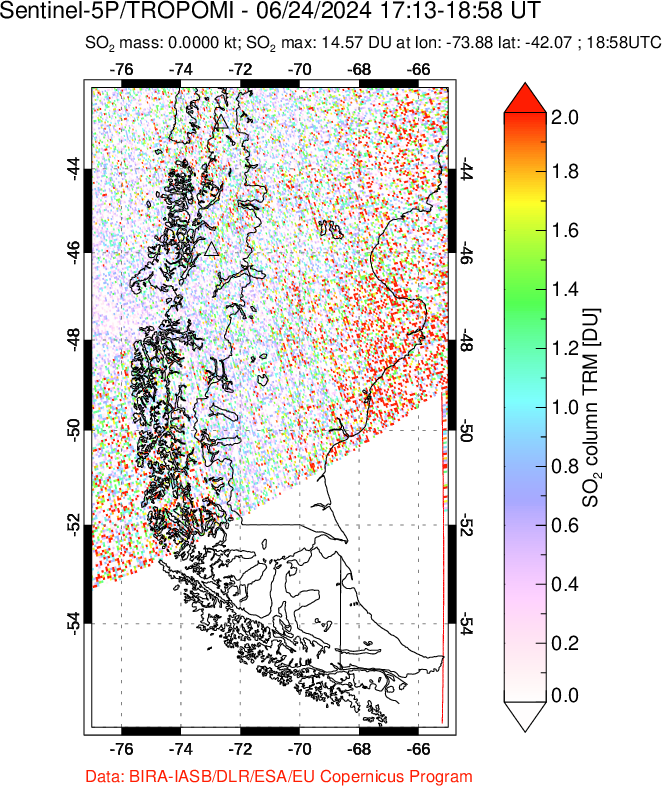 A sulfur dioxide image over Southern Chile on Jun 24, 2024.