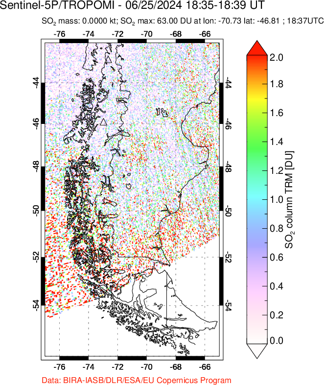 A sulfur dioxide image over Southern Chile on Jun 25, 2024.