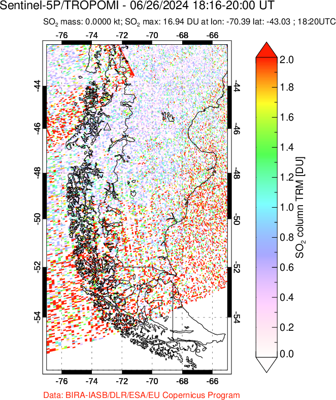 A sulfur dioxide image over Southern Chile on Jun 26, 2024.