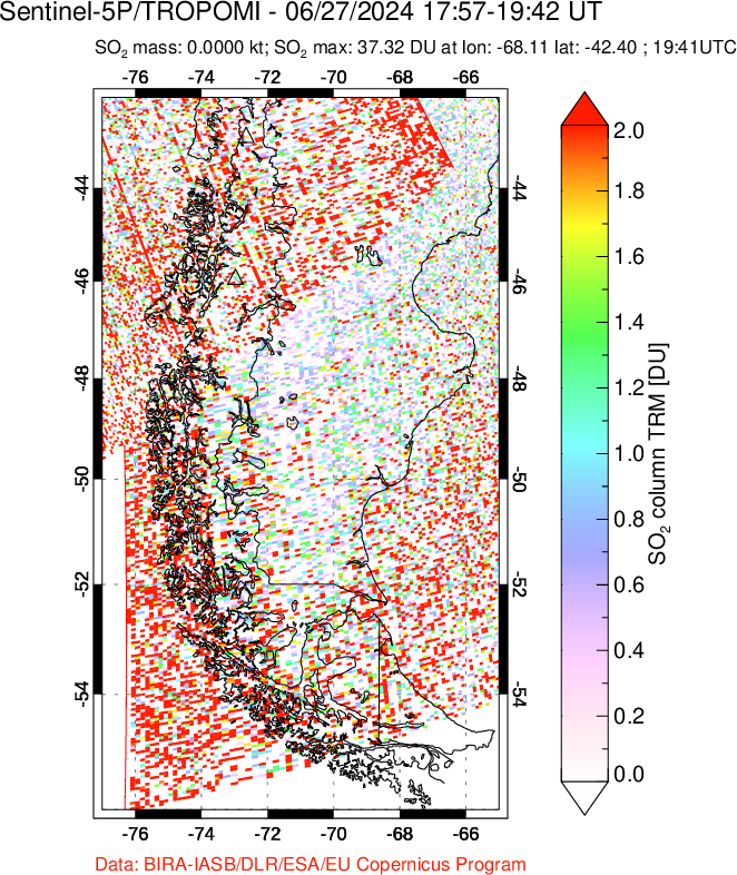 A sulfur dioxide image over Southern Chile on Jun 27, 2024.