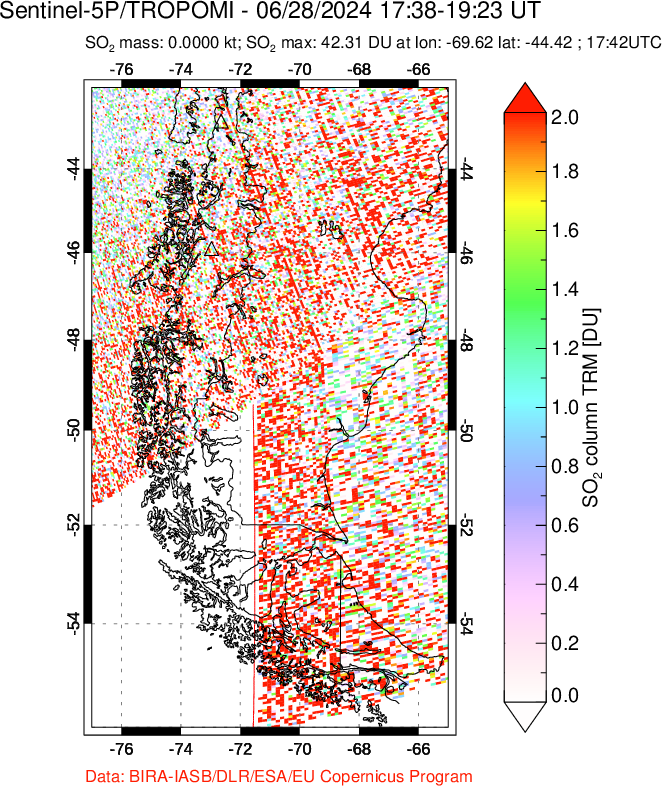 A sulfur dioxide image over Southern Chile on Jun 28, 2024.