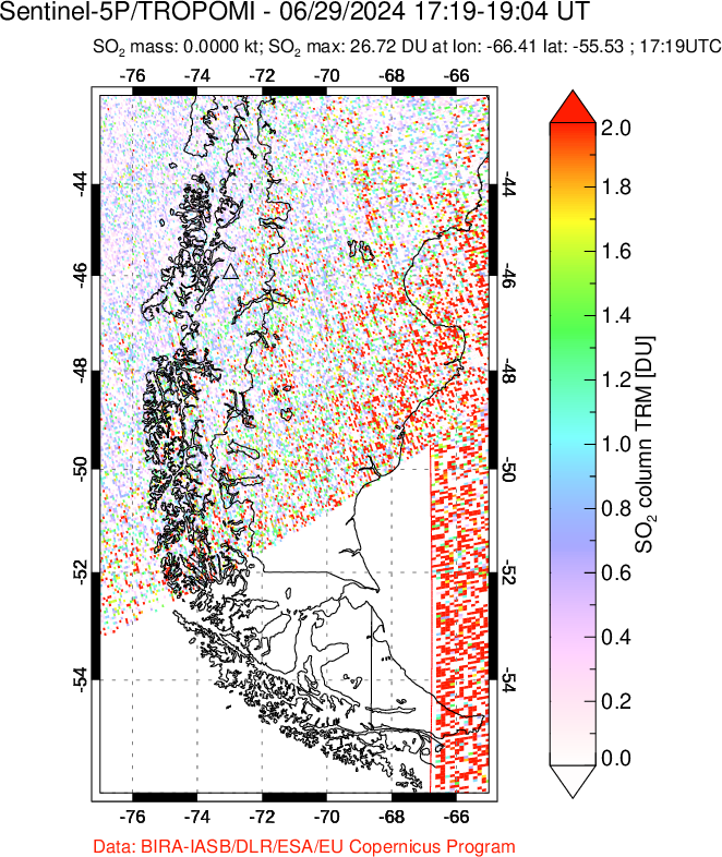 A sulfur dioxide image over Southern Chile on Jun 29, 2024.