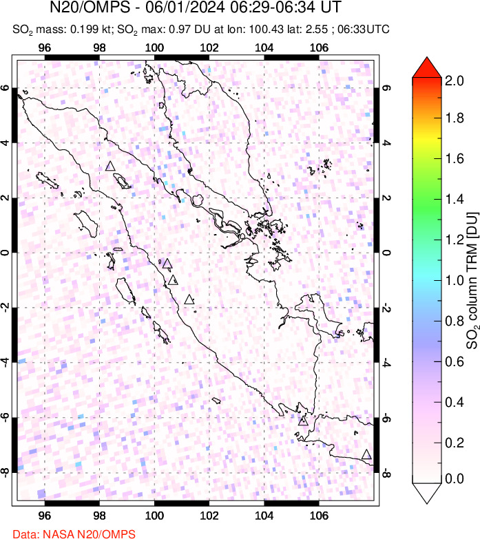 A sulfur dioxide image over Sumatra, Indonesia on Jun 01, 2024.