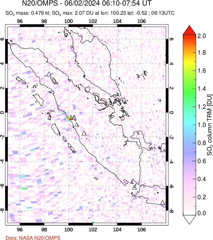 A sulfur dioxide image over Sumatra, Indonesia on Jun 02, 2024.