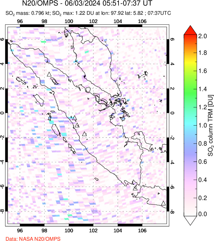 A sulfur dioxide image over Sumatra, Indonesia on Jun 03, 2024.