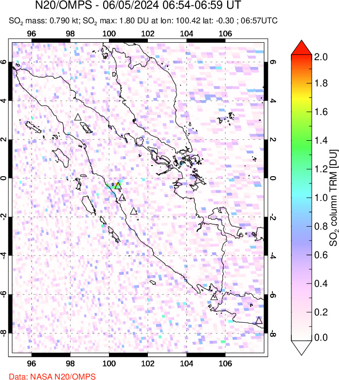 A sulfur dioxide image over Sumatra, Indonesia on Jun 05, 2024.