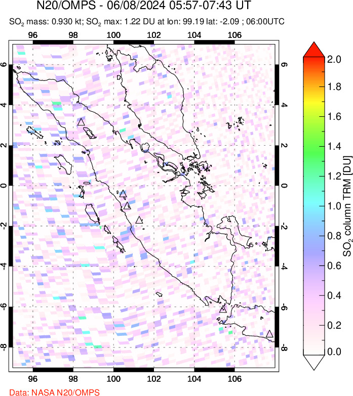 A sulfur dioxide image over Sumatra, Indonesia on Jun 08, 2024.