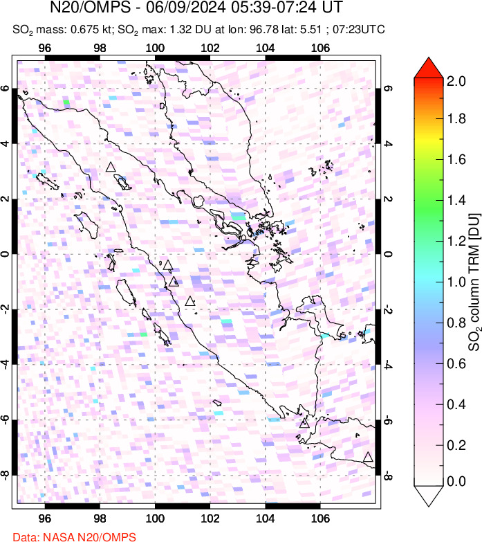 A sulfur dioxide image over Sumatra, Indonesia on Jun 09, 2024.