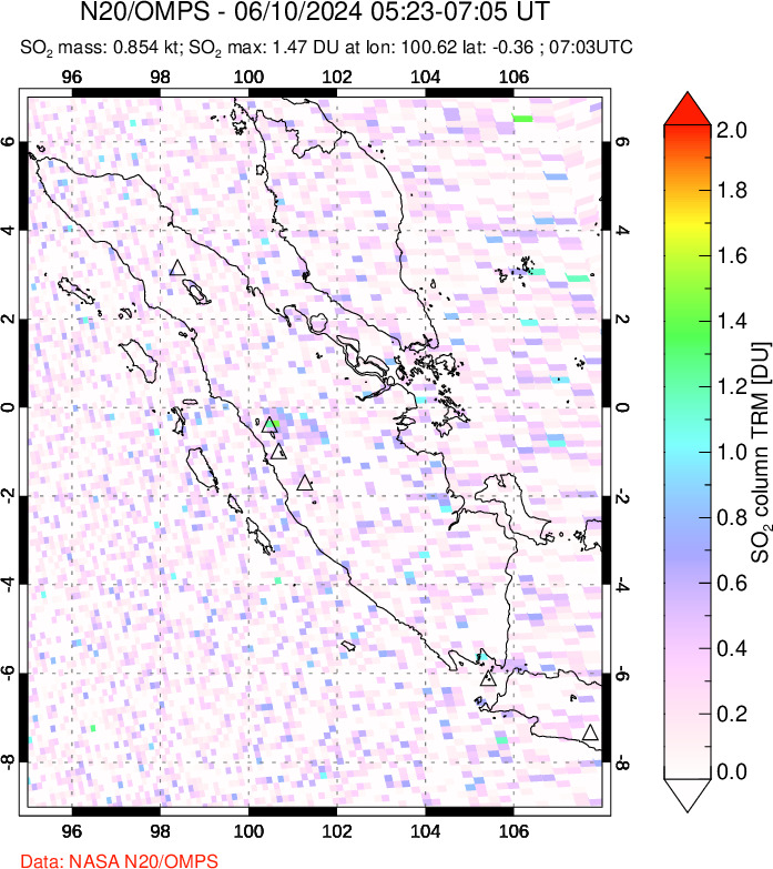 A sulfur dioxide image over Sumatra, Indonesia on Jun 10, 2024.