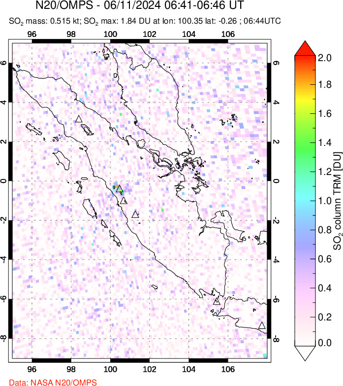 A sulfur dioxide image over Sumatra, Indonesia on Jun 11, 2024.