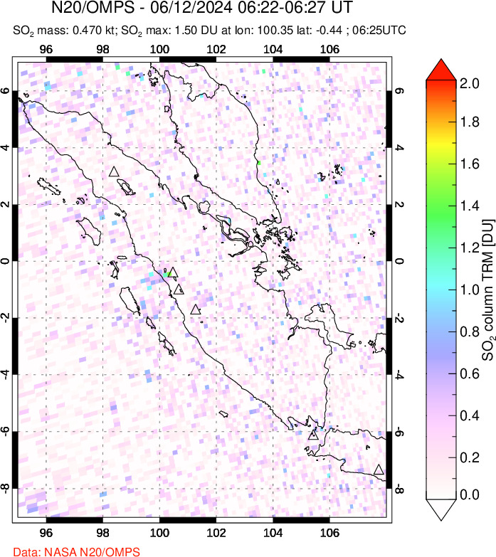 A sulfur dioxide image over Sumatra, Indonesia on Jun 12, 2024.